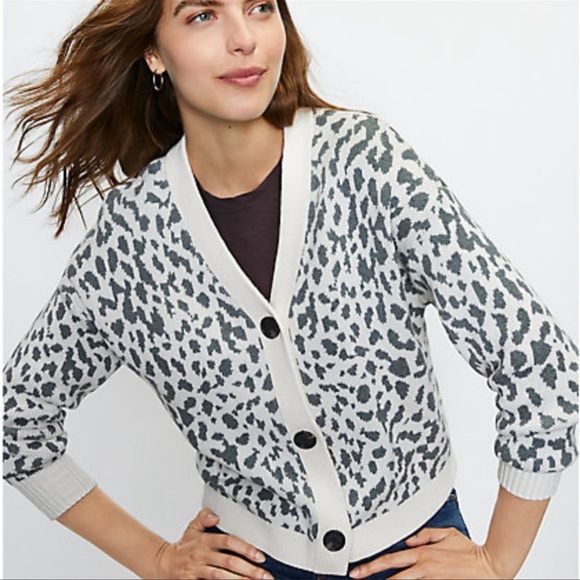 LOFT Sweaters - LOFT Petite Cream and Gray Cheetah Print Cropped Cardigan